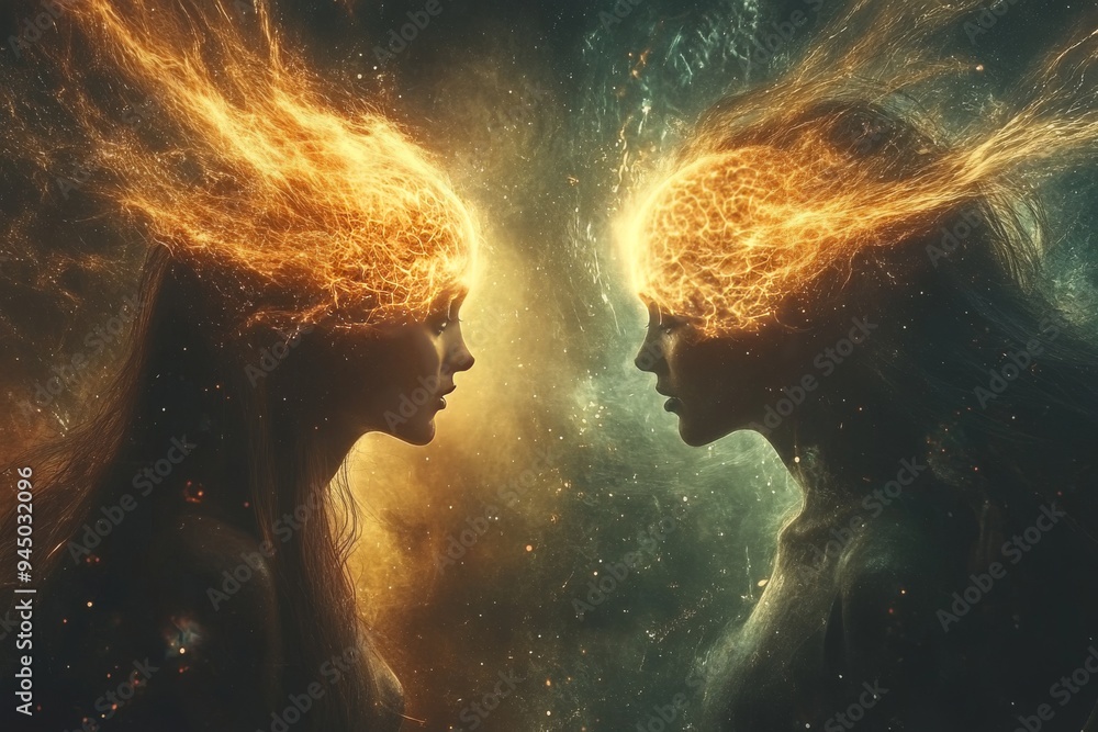 Poster a surreal portrait of a couple with glowing neural networks symbolizing the deep intellectual and em