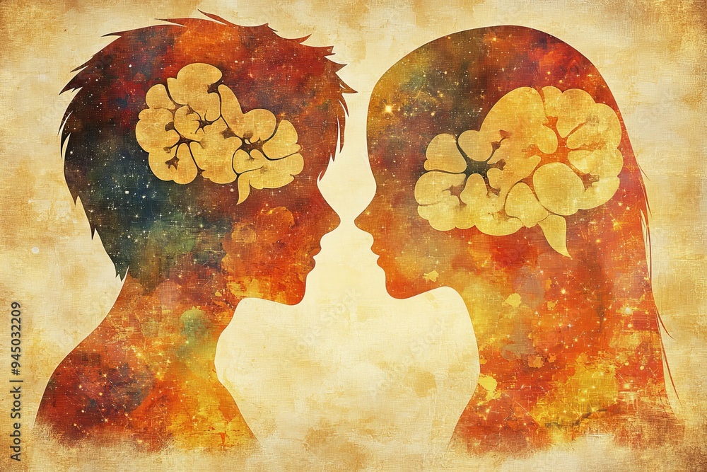 Poster silhouette of two human profiles facing each other with brains illustrated as floral patterns symbol