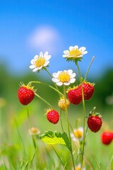Fresh strawberries and daisies blooming in a sunlit meadow during a vibrant spring day