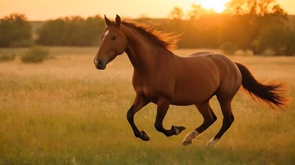 Fototapeta premium Wild Horse Galloping Through an Open Meadow at Sunset