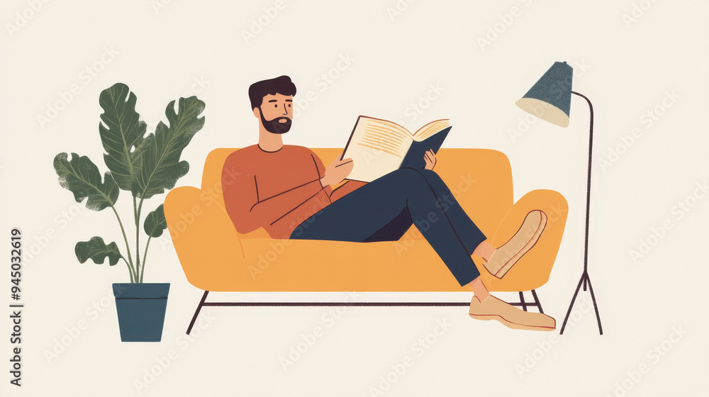 Poster man sitting comfortably on a sofa with a book, flat style with a focus on simplicity and clean