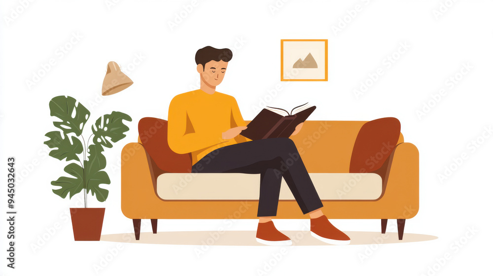 Poster man sitting comfortably on a sofa with a book, flat style with a focus on simplicity and clean