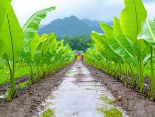 Naklejka premium Lush green banana plantation with vibrant foliage under a cloudy sky in the countryside