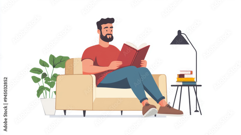 Poster man sitting comfortably on a sofa with a book, flat style with a focus on simplicity and clean