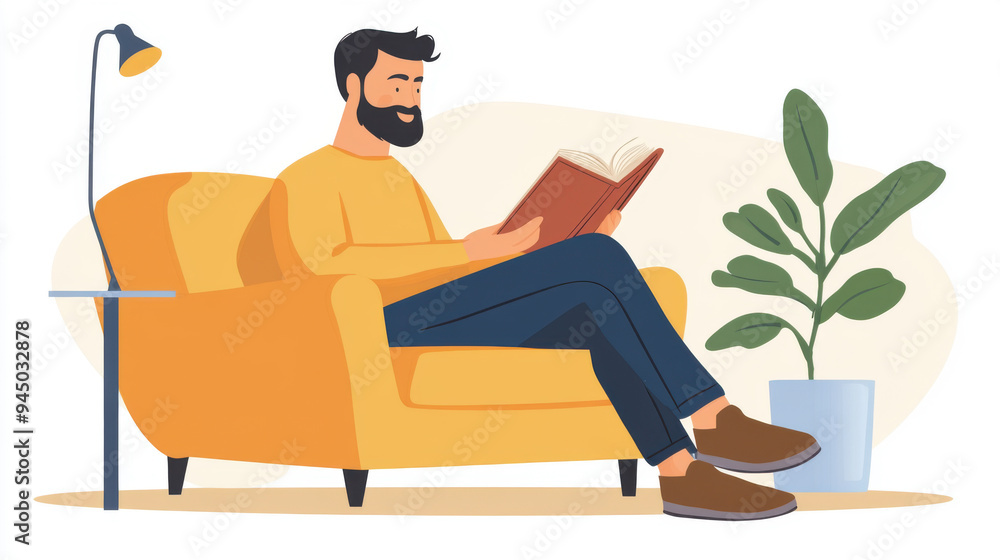 Poster man sitting comfortably on a sofa with a book, flat style with a focus on simplicity and clean