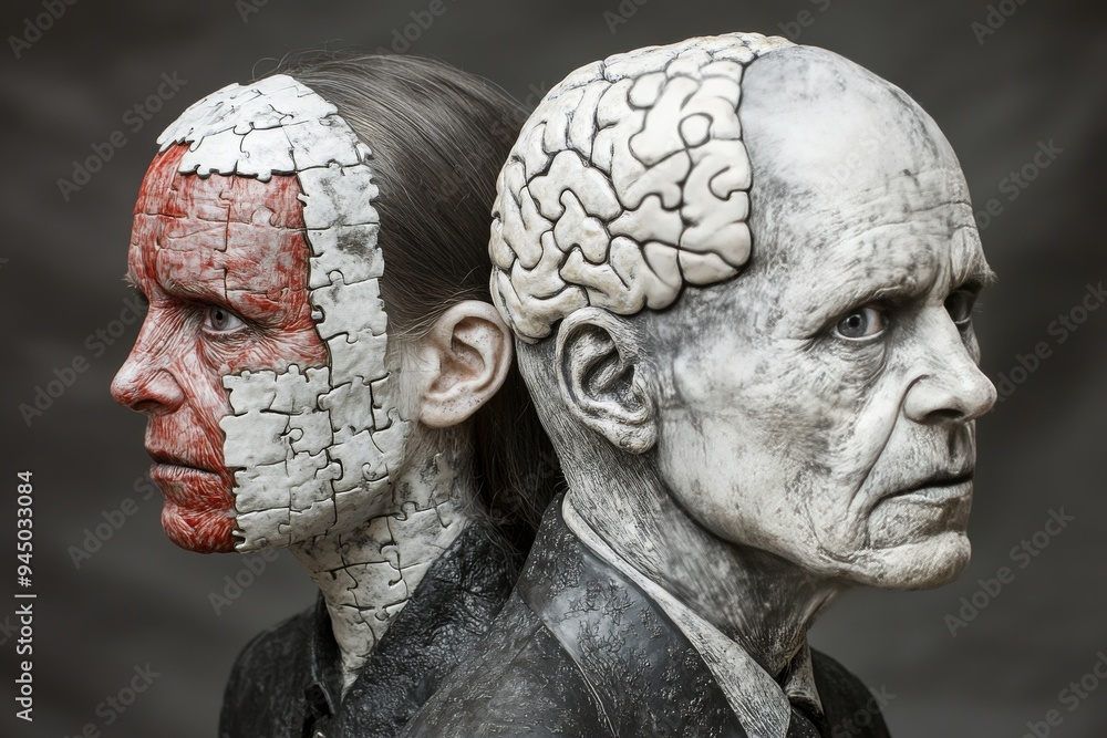 Aufkleber elderly couple with half of their faces replaced by detailed brain structures symbolizing the lastin
