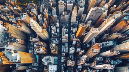 Aerial view of New York City skyscrapers showcasing intricate architecture in sunlight