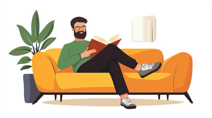 Man sitting on a cozy sofa, reading a book, flat illustration with vector graphics and a clean,