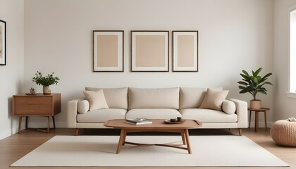 A minimalist living room with a large beige sofa, wooden coffee table, and a blank framed wall art.