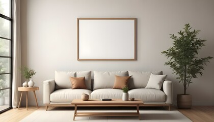 A minimalist living room with a large beige sofa, wooden coffee table, and a blank framed wall art.