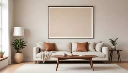 A minimalist living room with a large beige sofa, wooden coffee table, and a blank framed wall art.