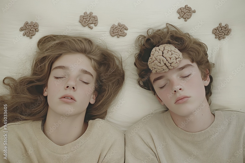 Poster twin siblings lying side by side with floral brain patterns symbolizing the shared mental and emotio
