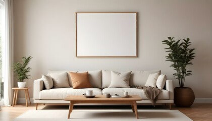 A minimalist living room with a large beige sofa, wooden coffee table, and a blank framed wall art.