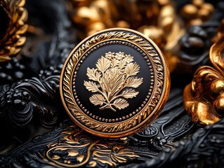 Close-up of an elegant vintage brooch featuring intricate floral design in gold and black. Perfect for antique and jewelry enthusiasts.
