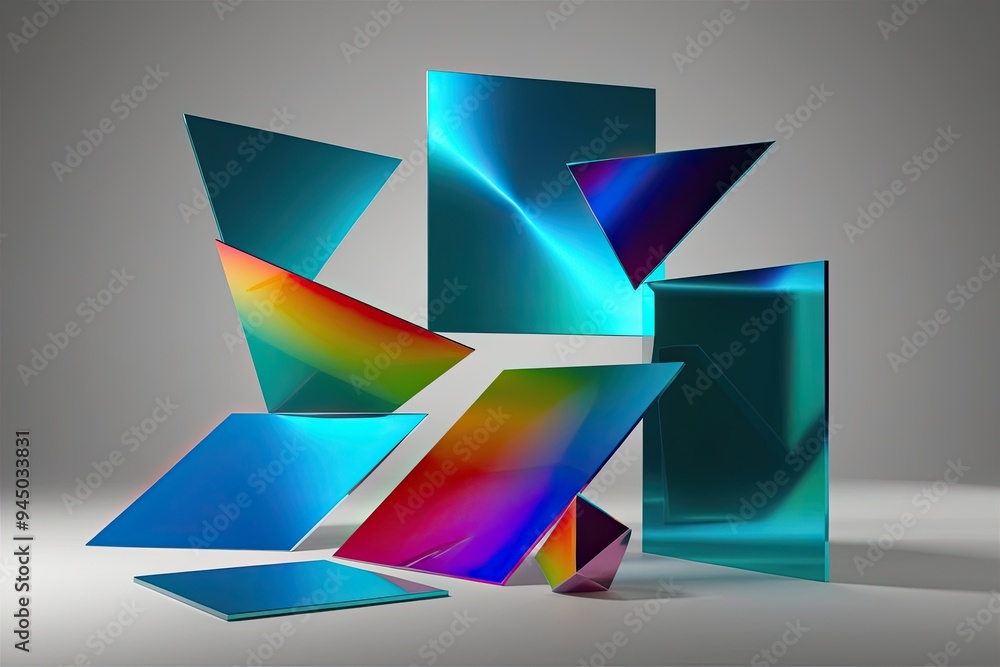 Poster 3d rendering of abstract geometric shapes with dispersion spectrum and glossy minimalism