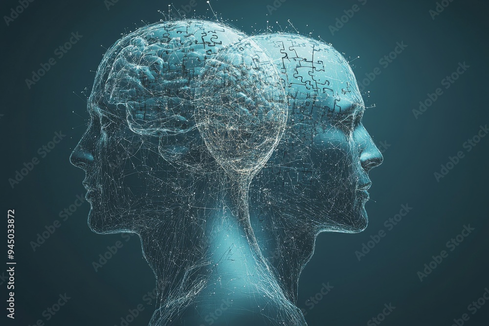 Poster abstract digital illustration of two human profiles with networked brain structures symbolizing the 