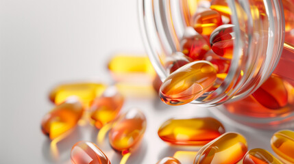 Amber Gel Capsules Spilling from Clear Bottle on Light Surface with Copy Space