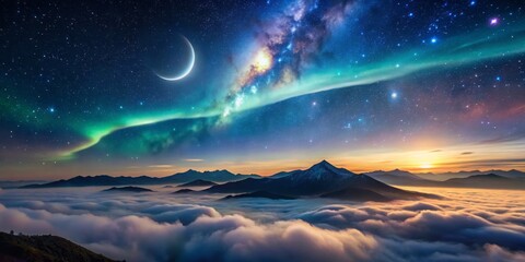 Obraz premium Celestial brushstrokes sweep across the sky as clouds wander, moon rising, a silver crescent, amidst a sublime balance of fragility and majesty in the universe.