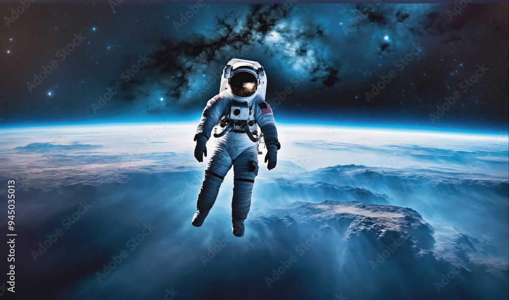 Wall mural an astronaut floats in space above earth, with a view of blue clouds and mountains