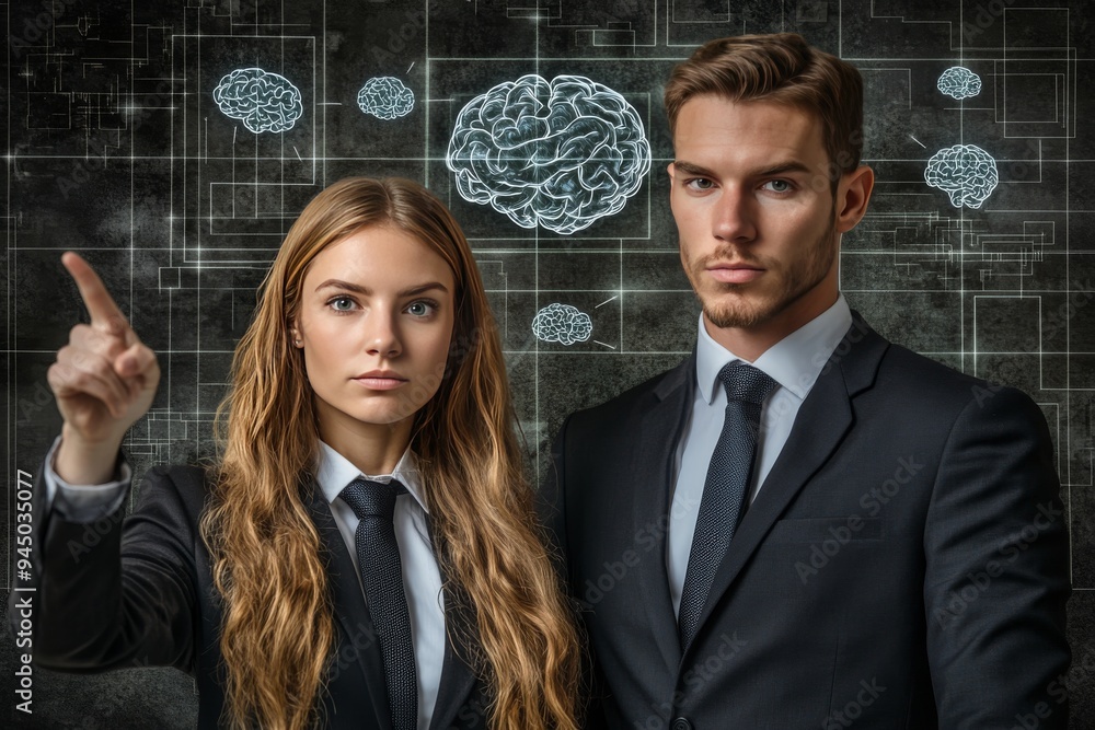 Poster professional woman pointing towards a digital brain interface representing the forward thinking and 