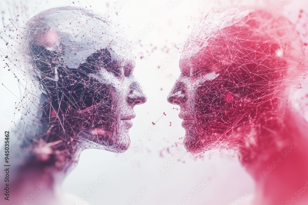 Poster surreal depiction of two human faces dissolving into digital particles symbolizing the ephemeral and