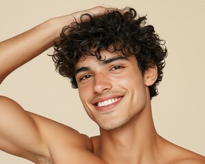 A smiling young man with curly hair posing confidently, showcasing a vibrant and joyful energy, perfect for lifestyle imagery.