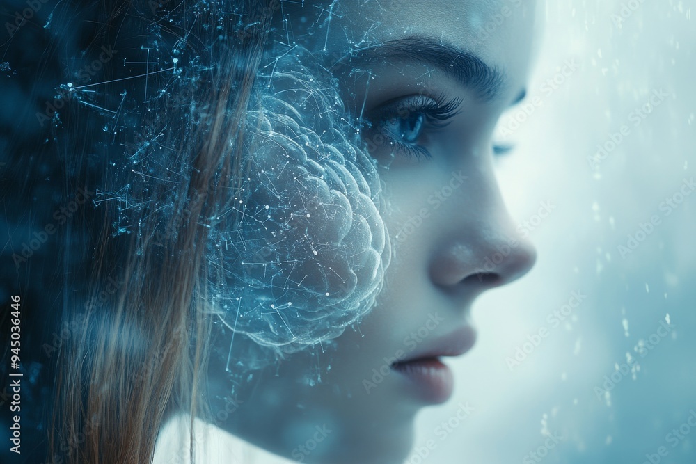 Poster close up portrait of a woman with a translucent brain overlay highlighting the connection between hu