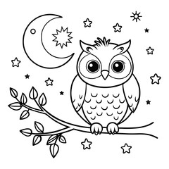 Fototapeta premium Adorable Owl on Tree Branch Under Moon and Stars for Coloring