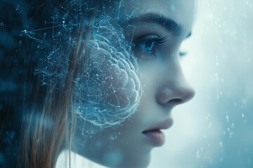 Fototapeta premium Close up portrait of a woman with a translucent brain overlay highlighting the connection between human thought and emotion in a serene and introspective atmosphere