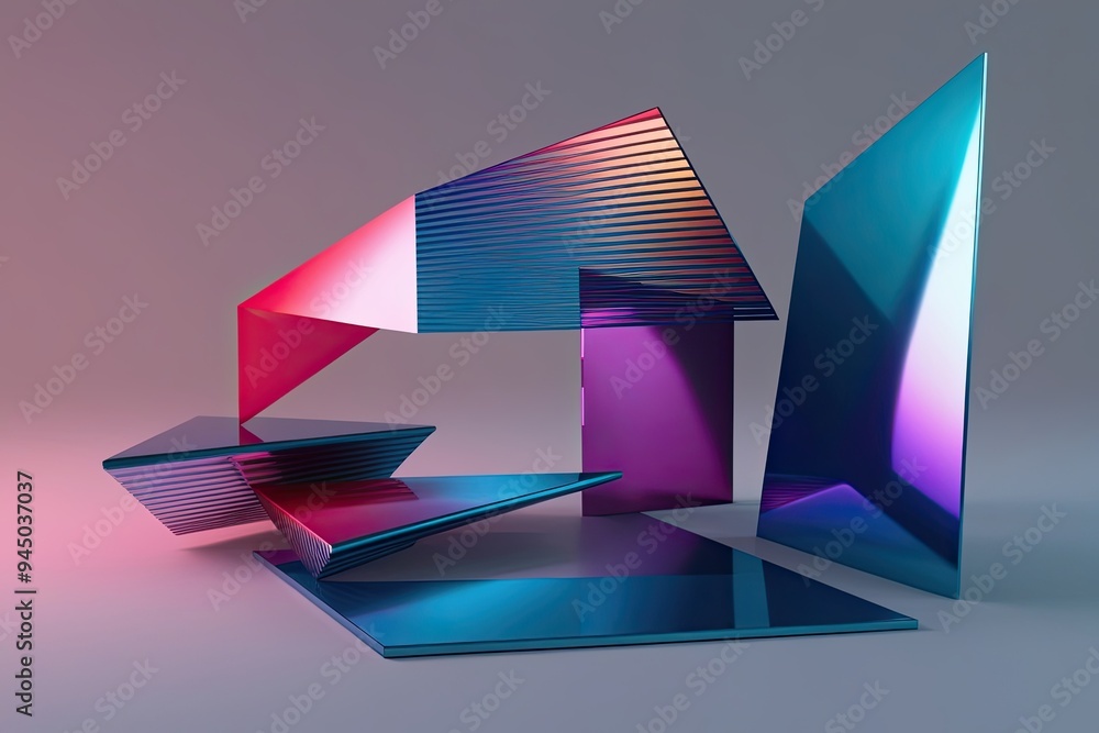 Poster 3d rendered abstract geometric shapes with dispersion spectrum and glossy minimalist design
