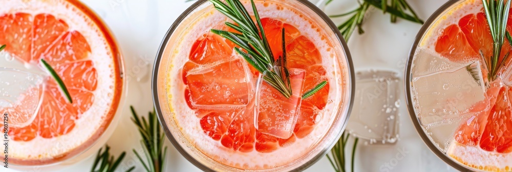 Wall mural refreshing summer cocktails with grapefruit lemonade garnished with fresh rosemary and slices of gra