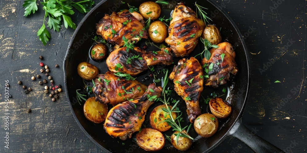 Wall mural Herb-seasoned grilled chicken legs served with crispy potatoes in a pan.