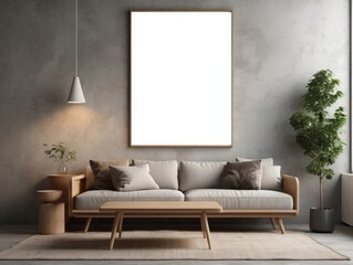 Minimalist Living Room with Beige Sofa, Wooden Coffee Table, and Empty Frame