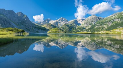 Fototapeta premium Tranquil mountain landscape reflecting vibrant blue skies and peaks in a serene lake during a bright sunny day