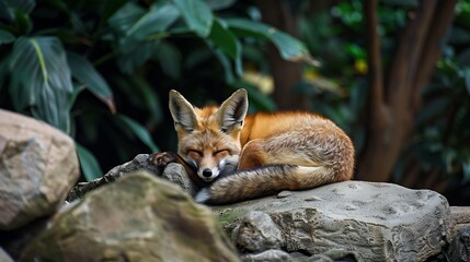 Obraz premium A chin fox resting on a heap of rocks in a rainforest