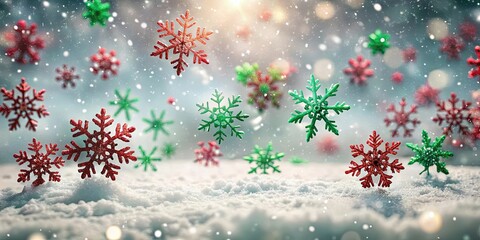 Winter landscape with falling snowflakes in red and green colors, creating a festive and joyful holiday atmosphere