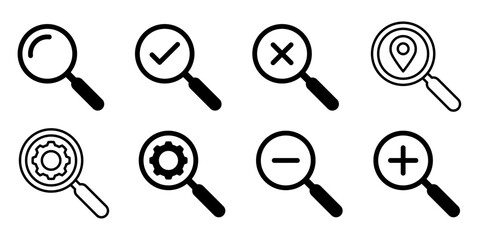 Magnifying glass icon. Magnifying glass set. Zoom symbol. Check mark true and false symbol tick icon. Vector Illustration.