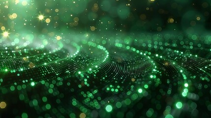 Glowing green light particles create a dynamic and mesmerizing abstract design in a dark background