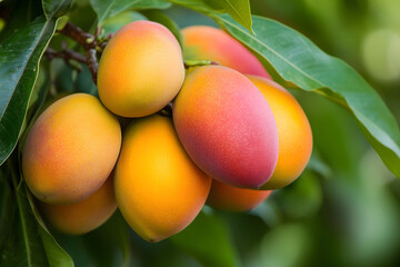 A cluster of ripe mangoes on a tropical tree