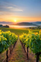 Vineyards bask under the golden sunrise in serene rolling hills during early morning mist