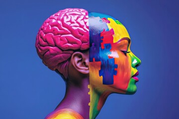 Vibrant portrait of a woman with a visible brain and puzzle piece motif symbolizing the complexity of human cognition and the ongoing process of self discovery in a colorful conceptual style