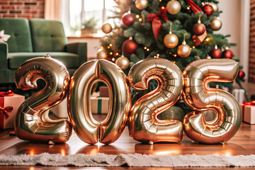 New Year 2025 celebration. Golden foil color balloons. 2025 balloons.  Party, greeting card, Advertising, Anniversary.