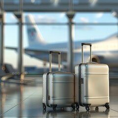 Fototapeta premium Travel essentials at an airport with suitcases ready for departure, highlighting the excitement of a journey in bright daylight