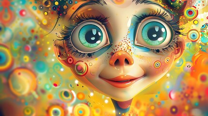 A whimsical illustration of a lady with large, expressive eyes and a playful smile, set against a colorful and cheerful background that emphasizes her lively personality. 8k UHD, suitable for 