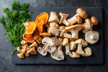 A variety of mushrooms on a dark slate