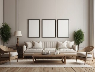 Minimalist Living Room Interior with White Sofa, Two Armchairs, and Three Empty Picture Frames