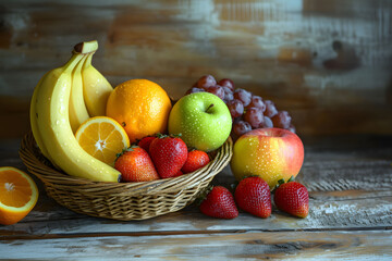 A wicker basket filled with an assortment of fresh fruits
