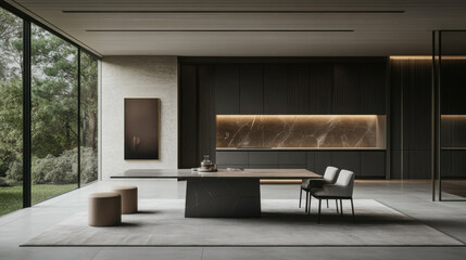 Modern dining set featuring a sleek table and minimalist chairs, perfectly complementing
