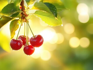 Lush cherry branch adorned with ripe red fruits against a glowing sunlit background at dusk