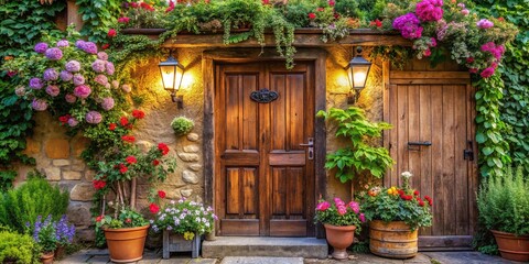 Fototapeta premium Cozy guesthouse exterior with rustic wooden door, blooming flowers, lantern, lush greenery, and trees